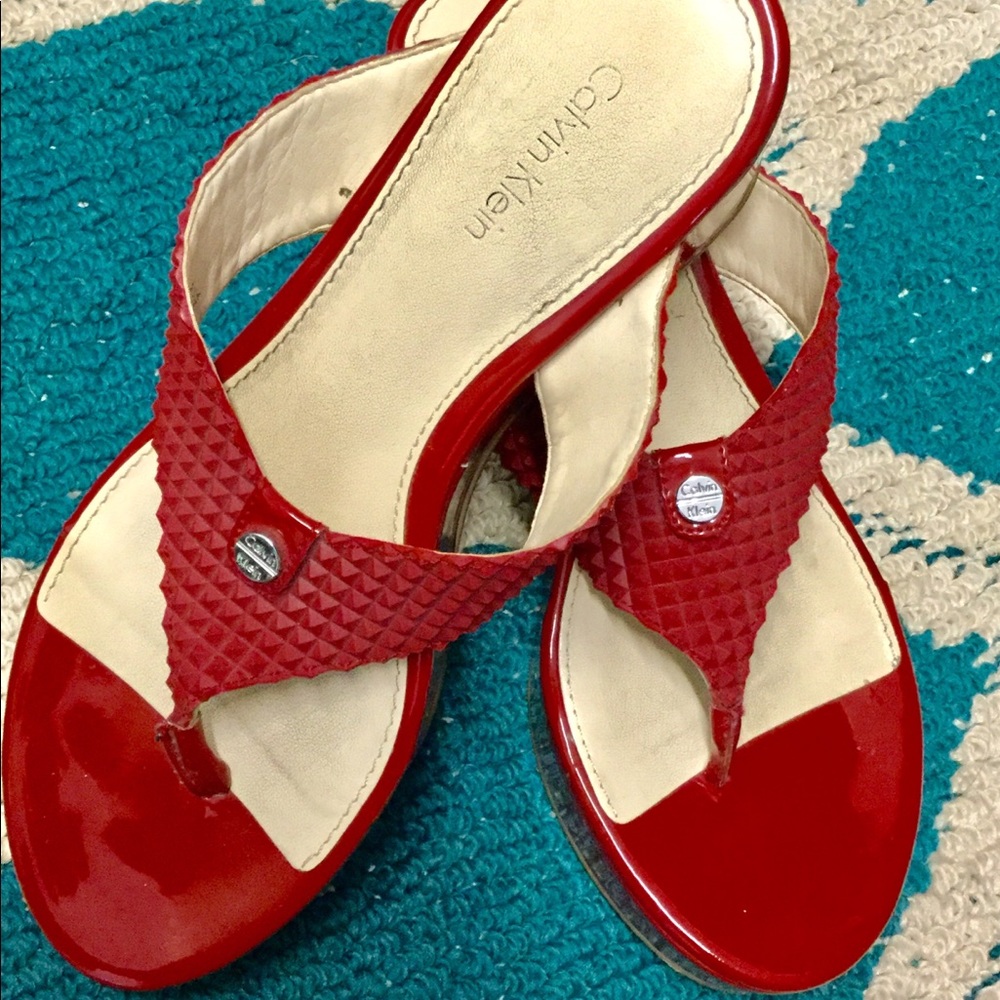 CK shiny red platform sandals